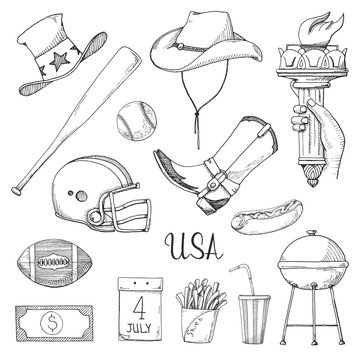 Set of elements of American culture. Welcome to USA. Vector illustration in sketch style.