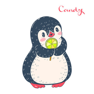 Funny cartoon penguin with candy