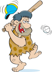 Cartoon illustration of a caveman hitting a baseball.
