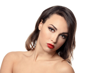 Fototapeta premium Beautiful young woman with red lipstick and dark hair beauty and skincare makeup and cosmetics isolated on white background