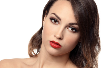 Portrait of young woman with beautiful professional makeup on white background