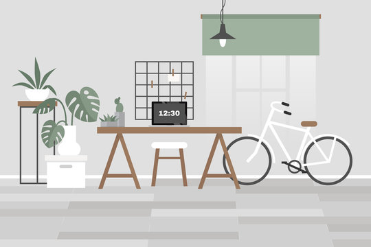 Scandinavian office interior. Desk, chair, plants, bike. No people template. Flat editable vector illustration, clip art