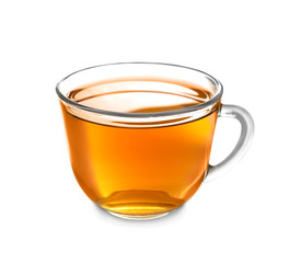 Cup with delicious tea on white background