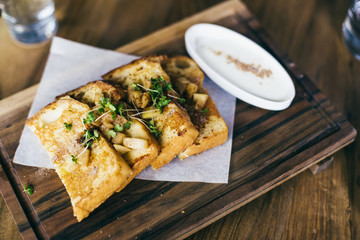 French toast with apple and cinnamon with yogurt dip