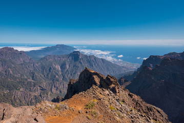 Naklejka na ściany i meble Volcanic landscape in Roque de los muchachos, highest peak of la Palma island, Canary island, Spain.