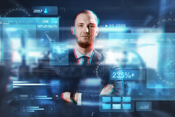 business, augmented reality, technology and cyberspace concept - close up of businessman in suit with virtual screens over abstract background