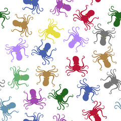 Colorful Octopus Icon Seamless Pattern. Stilized Textured Design. Sea Food Template.