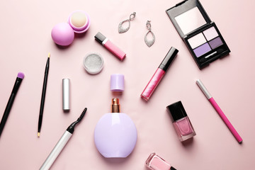 Obraz premium Set of decorative cosmetics on color background