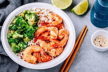 Spicy Shrimp Burrito Bowl with cilantro lime rice and broccoli