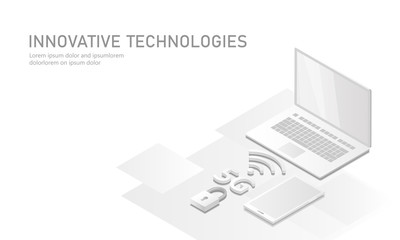 5G new wireless internet wifi connection. Laptop mobile device isometric white pure matt 3d flat render. Global network high speed innovation connection data rate technology vector illustration