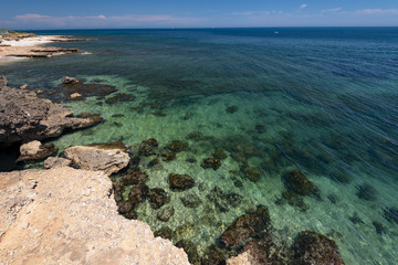 Les Rotes rocky beach near Sant Antonio cape, Denia, Alicante province, Costa Blanca, Spain