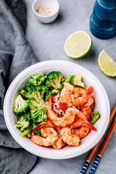 Spicy Shrimp Burrito Bowl with cilantro lime rice and broccoli