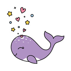 Isolated pastel whale love concept black outline drawing