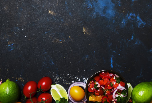 Tex-Mex Concept, Salsa Sauce, Tomatoes, Red Onion and Lime, Food Background, Top View