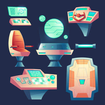 Vector Set Of Spaceship Design Elements. Control Panel With Laptops For Cockpit In Rocket. Devices, Collection For Interior Of Flying Craft Isolated On Dark Background