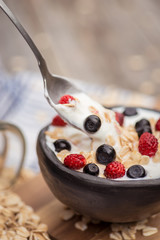 Yogurt. Stone bowl with fresh yogurt and berries on rustic table