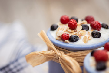 Yogurt. Stone bowl with fresh yogurt and berries on rustic table