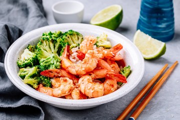 Spicy Shrimp Burrito Bowl with cilantro lime rice and broccoli