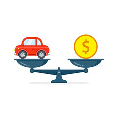 Car and money on scales icon, vector concept in flat style. Buying car concept