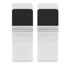 LCD Screen Stand. Trade Show Booth. 3d render of tv info kiosk isolated on white background. High Resolution. Ad template for your expo design.