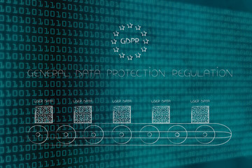 GDPR text into europe flag icon over production line processing user data