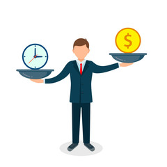 Time and money on scales. Man balances Money vs Time concept. Weights with clock and money. Vector illustration