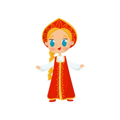Flat vector icon of little girl with long braid wearing national Russian costume. Child in red folk dress and traditional headdress