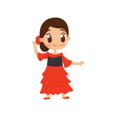 Flat vector icon of smiling girl in traditional Spanish wear. Little child in bright red dress. Fancy costume for carnival