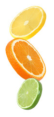 Obraz premium orange, lemon and lime fruits hanging, falling and flying piece isolated on white background with clipping path