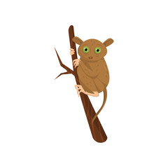 Flat vector icon of tarsier sitting on tree branch. Small brown primate with large green eyes, long tail and long hind limbs