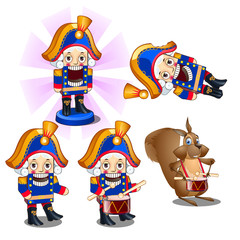 Set of traditional Christmas figurines Nutcracker with a drum and a mouse. Sketch for greeting card, festive poster or party invitations.The attributes of Christmas and New year. Vector illustration.