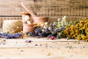 Herb dry, lavender and mortar, workpiece, fragrance, wooden table