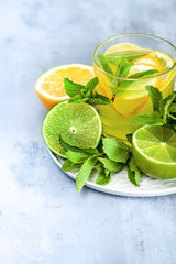 Plate with ingridients for mojito coctail. Lime, lemon, mojito, mint