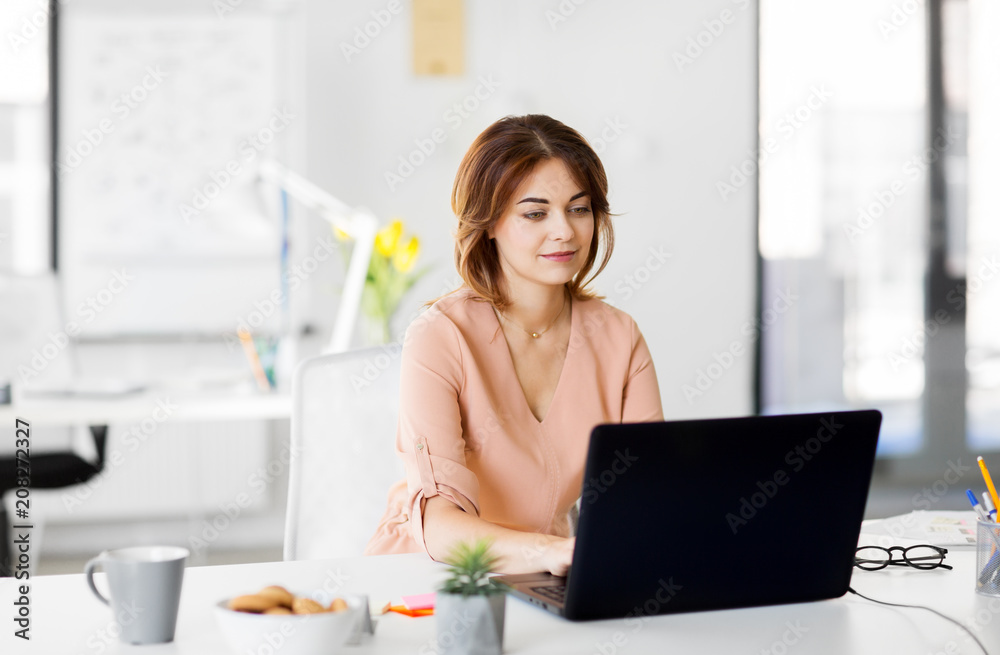 Wall mural business, technology and people concept - businesswoman with laptop computer working at office