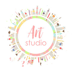Logo or signboard of art studio. Multi-colored round wreath frame with tubes of paint, brushes and pencils
