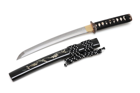 Aigushi or Tanto short Japanese sword with scabbard isolated in white background