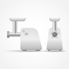 Electric meat grinder isolated on white background. Front and side view. Vector illustration.