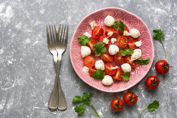 Mozzarella and cherry tomatoes are served on a pink plate. Gray background, top view.