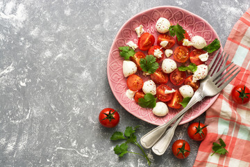 Fresh salad with mozzarella and tomatoes on a grey background, checkered napkin and forks.Copy space