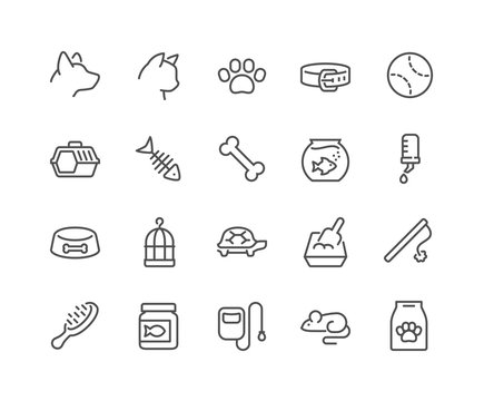 Simple Set of Pet Related Vector Line Icons. Contains such Icons as Collar, Toys, Pet Food and more. Editable Stroke. 48x48 Pixel Perfect.
