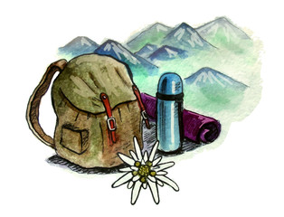 Mountain tourism emblem. Backpacking. Edelweiss flower