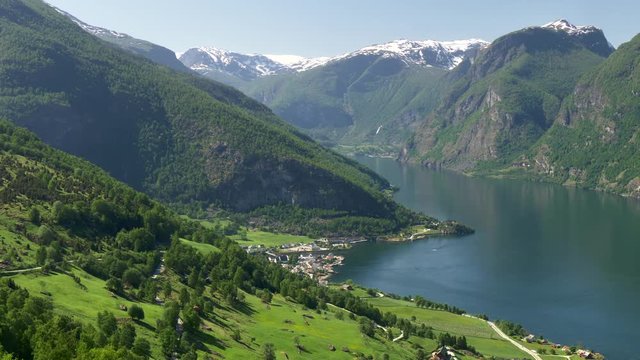 Panning shot of Aurland Fjord. Beautiful nature of Norway