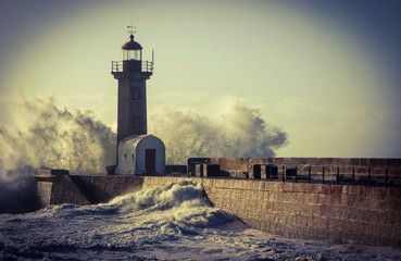 Storm in Oporto lighthouse, Portugal