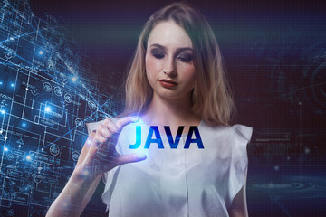 The concept of business, technology, the Internet and the network. A young entrepreneur working on a virtual screen of the future and sees the inscription: Java