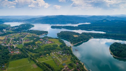 Aerial drone view on beautiful Solina lake in Polish Bieszczady Mountains.