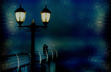 Romantic dark background with street lamps and textured border. Couple of people on the pier. Abstract textured backdrop.