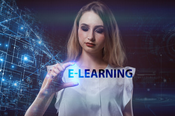 The concept of business, technology, the Internet and the network. A young entrepreneur working on a virtual screen of the future and sees the inscription: E-learning