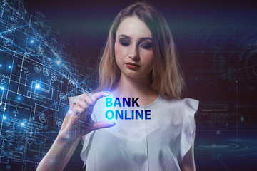 The concept of business, technology, the Internet and the network. A young entrepreneur working on a virtual screen of the future and sees the inscription: Bank online