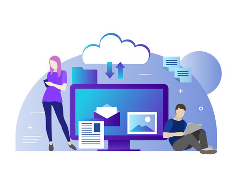 Flat vector illustration of cloud for all devices. All in your device or in cloud storage. Young people use cloud technologies for reading news, chating, foto changing