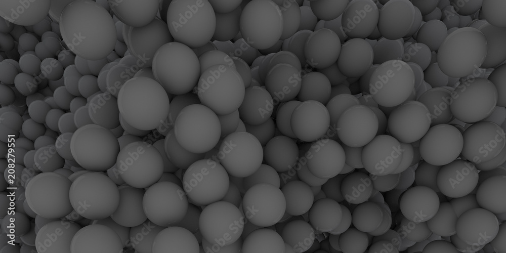 Poster abstract of black sphere balls are scattered as background.3d rendering